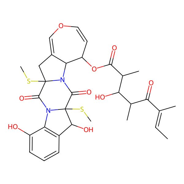 2D Structure of [(1R,10R,11R,14S,15S)-5,10-dihydroxy-1,11-bis(methylsulfanyl)-2,12-dioxo-18-oxa-3,13-diazapentacyclo[11.8.0.03,11.04,9.014,20]henicosa-4(9),5,7,16,19-pentaen-15-yl] (E,2R,3R,4R)-3-hydroxy-2,4,6-trimethyl-5-oxooct-6-enoate