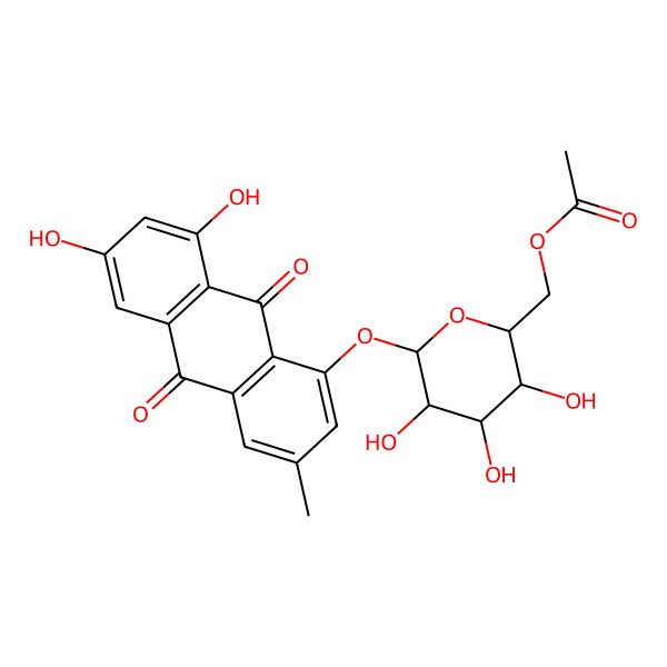 2D Structure of [(2R,3S,4S,5R,6S)-6-(6,8-dihydroxy-3-methyl-9,10-dioxoanthracen-1-yl)oxy-3,4,5-trihydroxyoxan-2-yl]methyl acetate
