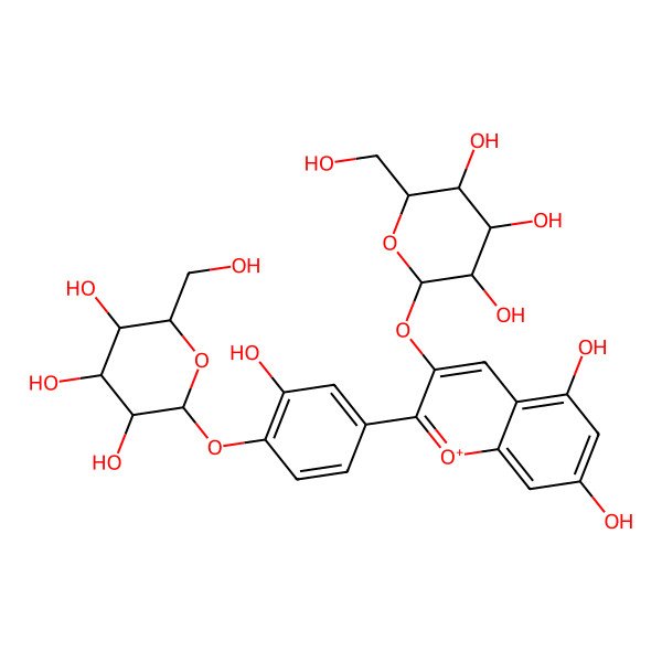 2D Structure of (2S,3R,4S,5S,6R)-2-[4-[5,7-dihydroxy-3-[(2S,3R,4S,5S,6R)-3,4,5-trihydroxy-6-(hydroxymethyl)oxan-2-yl]oxychromenylium-2-yl]-2-hydroxyphenoxy]-6-(hydroxymethyl)oxane-3,4,5-triol