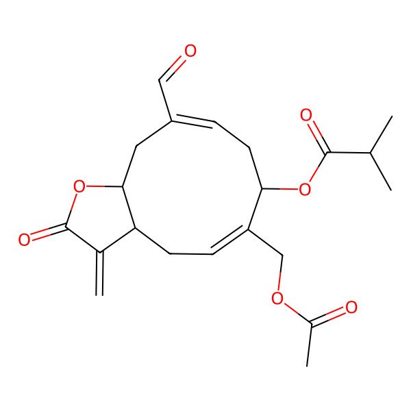 2D Structure of [6-(Acetyloxymethyl)-10-formyl-3-methylidene-2-oxo-3a,4,7,8,11,11a-hexahydrocyclodeca[b]furan-7-yl] 2-methylpropanoate