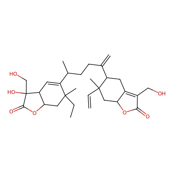 2D Structure of (3S,3aS,6R,7aR)-5-[(2S)-5-[(5R,6S,7aS)-6-ethenyl-3-(hydroxymethyl)-6-methyl-2-oxo-4,5,7,7a-tetrahydro-1-benzofuran-5-yl]hex-5-en-2-yl]-6-ethyl-3-hydroxy-3-(hydroxymethyl)-6-methyl-7,7a-dihydro-3aH-1-benzofuran-2-one