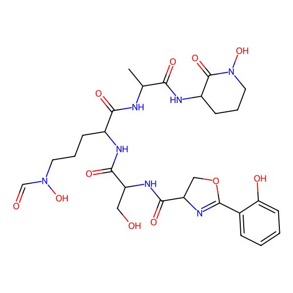 2D Structure of (4S)-N-[(2S)-1-[[(2S)-5-[formyl(hydroxy)amino]-1-[[(2S)-1-[[(3R)-1-hydroxy-2-oxopiperidin-3-yl]amino]-1-oxopropan-2-yl]amino]-1-oxopentan-2-yl]amino]-3-hydroxy-1-oxopropan-2-yl]-2-(2-hydroxyphenyl)-4,5-dihydro-1,3-oxazole-4-carboxamide