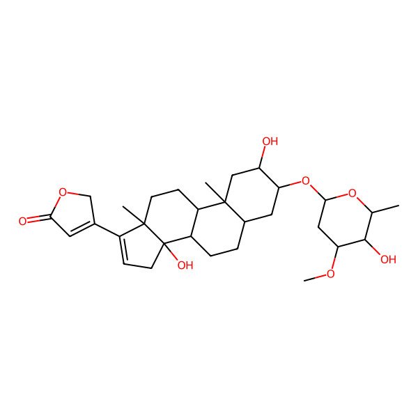 2D Structure of 3-[2,14-dihydroxy-3-(5-hydroxy-4-methoxy-6-methyloxan-2-yl)oxy-10,13-dimethyl-1,2,3,4,5,6,7,8,9,11,12,15-dodecahydrocyclopenta[a]phenanthren-17-yl]-2H-furan-5-one
