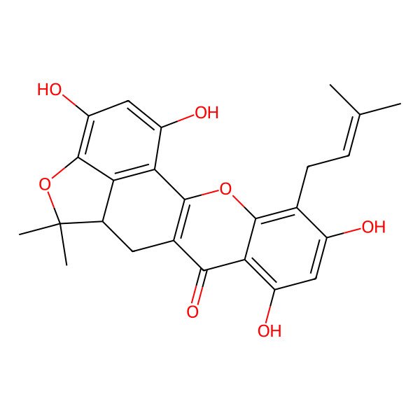 2D Structure of (13R)-6,8,17,19-tetrahydroxy-14,14-dimethyl-5-(3-methylbut-2-enyl)-3,15-dioxapentacyclo[11.6.1.02,11.04,9.016,20]icosa-1(20),2(11),4,6,8,16,18-heptaen-10-one