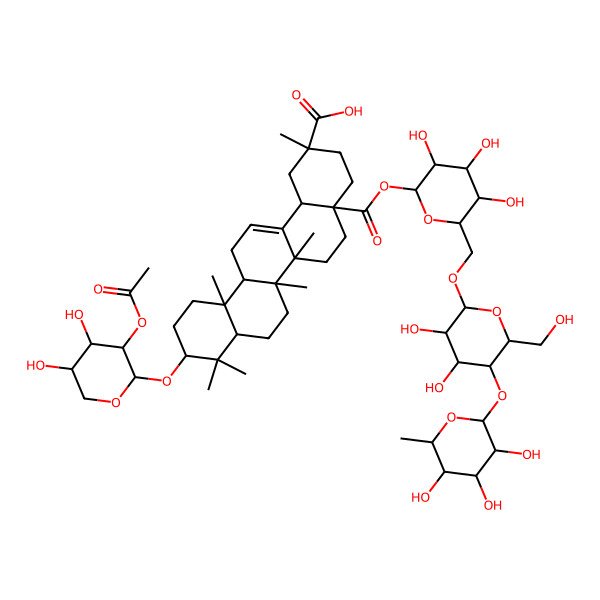 2D Structure of (2S,4aR,6aS,6aR,6bR,8aS,10S,12aS,14bS)-10-[(2R,3S,4S,5S)-3-acetyloxy-4,5-dihydroxyoxan-2-yl]oxy-4a-[(2R,3R,4S,5R,6R)-6-[[(2R,3R,4S,5R,6S)-3,4-dihydroxy-6-(hydroxymethyl)-5-[(2S,3S,4R,5S,6S)-3,4,5-trihydroxy-6-methyloxan-2-yl]oxyoxan-2-yl]oxymethyl]-3,4,5-trihydroxyoxan-2-yl]oxycarbonyl-2,6a,6b,9,9,12a-hexamethyl-1,3,4,5,6,6a,7,8,8a,10,11,12,13,14b-tetradecahydropicene-2-carboxylic acid