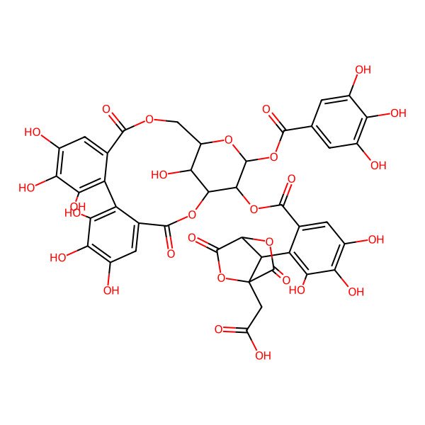 2D Structure of 2-[(1R,4R,7R)-7-[6-[[(1S,19R,21S,22R,23R)-6,7,8,11,12,13,23-heptahydroxy-3,16-dioxo-21-(3,4,5-trihydroxybenzoyl)oxy-2,17,20-trioxatetracyclo[17.3.1.04,9.010,15]tricosa-4,6,8,10,12,14-hexaen-22-yl]oxycarbonyl]-2,3,4-trihydroxyphenyl]-3,6-dioxo-2,5-dioxabicyclo[2.2.1]heptan-1-yl]acetic acid