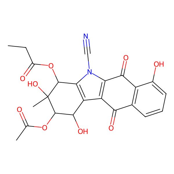 2D Structure of [(1S,2R,3R,4R)-2-acetyloxy-5-cyano-1,3,7-trihydroxy-3-methyl-6,11-dioxo-2,4-dihydro-1H-benzo[h]carbazol-4-yl] propanoate