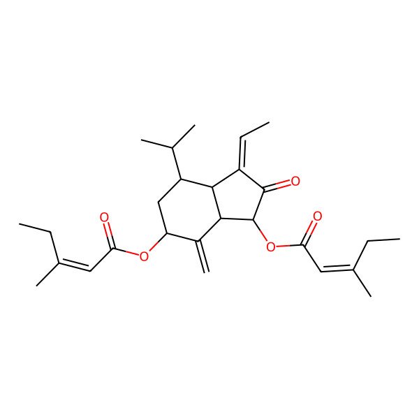 2D Structure of 2-Pentenoic acid, 3-methyl-, (1S,3Z,3aS,4S,6R,7aR)-3-ethylideneoctahydro-7-methylene-4-(1-methylethyl)-2-oxo-1H-indene-1,6-diyl ester, (2E,2'E)-