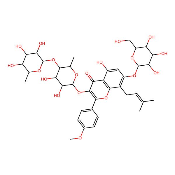 2D Structure of 3-[(2S,3S,4R,5S,6R)-3,4-dihydroxy-6-methyl-5-[(2S,3S,4S,5S,6R)-3,4,5-trihydroxy-6-methyloxan-2-yl]oxyoxan-2-yl]oxy-5-hydroxy-2-(4-methoxyphenyl)-8-(3-methylbut-2-enyl)-7-[(2S,3R,4S,5S,6R)-3,4,5-trihydroxy-6-(hydroxymethyl)oxan-2-yl]oxychromen-4-one