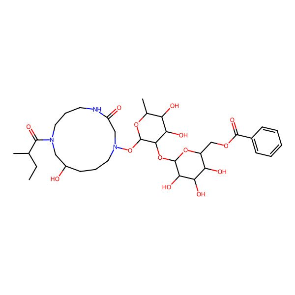 2D Structure of [(2R,3S,4S,5R,6S)-6-[(2S,3R,4R,5R,6S)-4,5-dihydroxy-2-[[(10R)-10-hydroxy-8-[(2S)-2-methylbutanoyl]-3-oxo-1,4,8-triazacyclotridec-1-yl]oxy]-6-methyloxan-3-yl]oxy-3,4,5-trihydroxyoxan-2-yl]methyl benzoate
