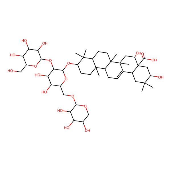 2D Structure of 10-[4,5-Dihydroxy-3-[3,4,5-trihydroxy-6-(hydroxymethyl)oxan-2-yl]oxy-6-[(3,4,5-trihydroxyoxan-2-yl)oxymethyl]oxan-2-yl]oxy-3,5-dihydroxy-2,2,6a,6b,9,9,12a-heptamethyl-1,3,4,5,6,6a,7,8,8a,10,11,12,13,14b-tetradecahydropicene-4a-carboxylic acid