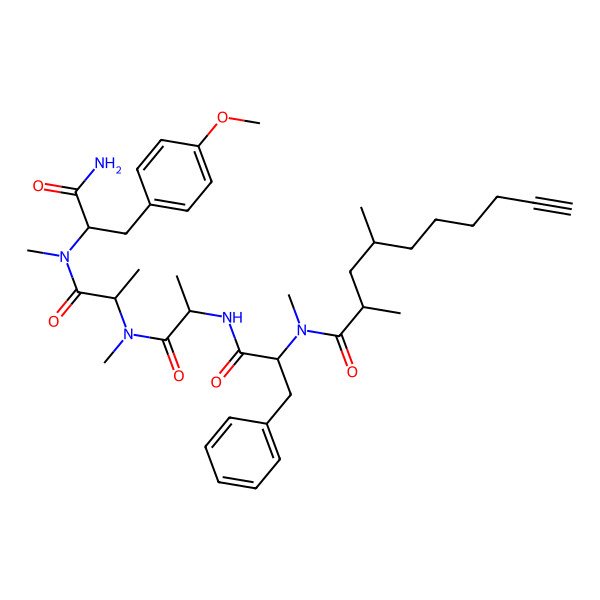 2D Structure of (2R,4R)-N-[(2S)-1-[[(2S)-1-[[(2S)-1-[[(2S)-1-amino-3-(4-methoxyphenyl)-1-oxopropan-2-yl]-methylamino]-1-oxopropan-2-yl]-methylamino]-1-oxopropan-2-yl]amino]-1-oxo-3-phenylpropan-2-yl]-N,2,4-trimethyldec-9-ynamide
