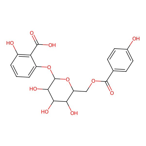 2D Structure of 2-hydroxy-6-[(2S,3R,4S,5S,6R)-3,4,5-trihydroxy-6-[(4-hydroxybenzoyl)oxymethyl]oxan-2-yl]oxybenzoic acid