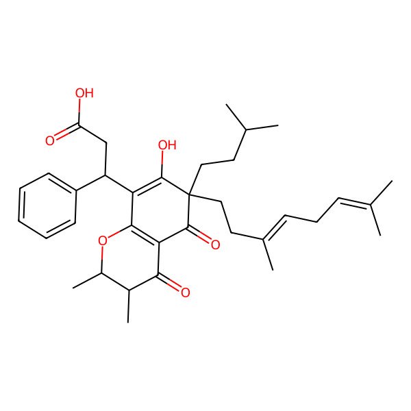 2D Structure of 3-[6-[(3E)-3,7-dimethylocta-3,6-dienyl]-7-hydroxy-2,3-dimethyl-6-(3-methylbutyl)-4,5-dioxo-2,3-dihydrochromen-8-yl]-3-phenylpropanoic acid