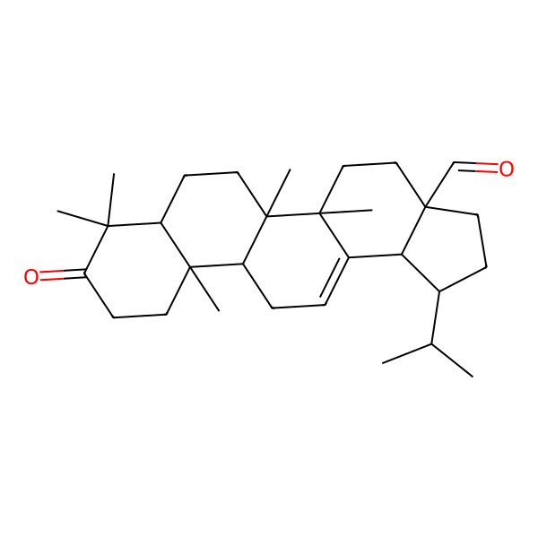 2D Structure of 5a,5b,8,8,11a-pentamethyl-9-oxo-1-propan-2-yl-2,3,4,5,6,7,7a,10,11,11b,12,13b-dodecahydro-1H-cyclopenta[a]chrysene-3a-carbaldehyde