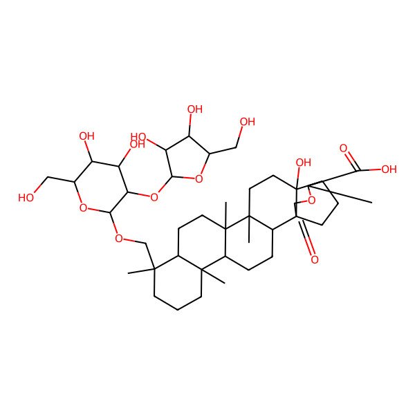 2D Structure of (1S,2S,5R,6R,10S,11R,14R,15R,18R,19S,20R)-10-[[(2R,3R,4S,5S,6R)-3-[(2S,3R,4R,5S)-3,4-dihydroxy-5-(hydroxymethyl)oxolan-2-yl]oxy-4,5-dihydroxy-6-(hydroxymethyl)oxan-2-yl]oxymethyl]-18-hydroxy-6,10,14,15,20-pentamethyl-22-oxo-21-oxahexacyclo[17.3.2.01,18.02,15.05,14.06,11]tetracosane-20-carboxylic acid