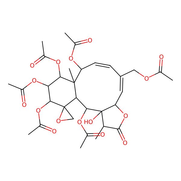 2D Structure of (2,12,14,15,16-Pentaacetyloxy-3-hydroxy-4,13-dimethyl-5-oxospiro[6-oxatricyclo[11.4.0.03,7]heptadeca-8,10-diene-17,2'-oxirane]-9-yl)methyl acetate