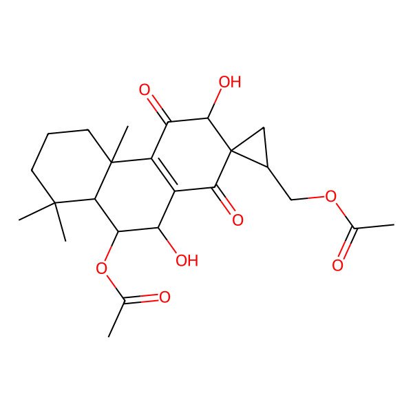 2D Structure of (10-acetyloxy-6,9-dihydroxy-1,1,4a-trimethyl-5,8-dioxospiro[3,4,6,9,10,10a-hexahydro-2H-phenanthrene-7,2'-cyclopropane]-1'-yl)methyl acetate