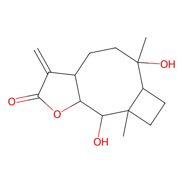 2D Structure of (1S,2S,3R,6R,7R,10S)-2,7-dihydroxy-3,7-dimethyl-11-methylidene-13-oxatricyclo[8.3.0.03,6]tridecan-12-one