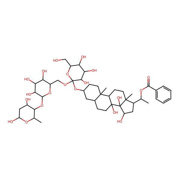 2D Structure of 1-[(3S,8S,10S,13R,14S,15R,17S)-3-[(2S,4S,5S)-2-[[(3S,4S,6R)-6-[(3S,4R,6R)-4,6-dihydroxy-2-methyloxan-3-yl]oxy-3,4,5-trihydroxyoxan-2-yl]methoxy]-3,4,5-trihydroxy-6-(hydroxymethyl)oxan-2-yl]oxy-8,14,15-trihydroxy-10,13-dimethyl-2,3,4,5,6,7,9,11,12,15,16,17-dodecahydro-1H-cyclopenta[a]phenanthren-17-yl]ethyl benzoate