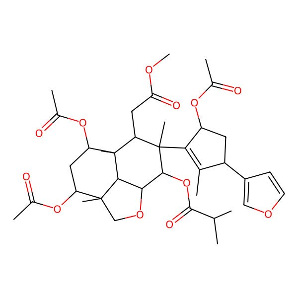 2D Structure of [5,7-Diacetyloxy-10-[5-acetyloxy-3-(furan-3-yl)-2-methylcyclopenten-1-yl]-9-(2-methoxy-2-oxoethyl)-4,8,10-trimethyl-2-oxatricyclo[6.3.1.04,12]dodecan-11-yl] 2-methylpropanoate