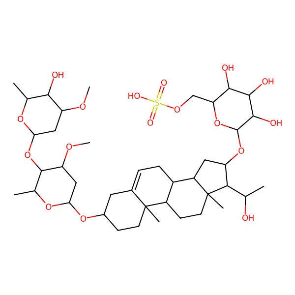 2D Structure of [(2R,3S,4S,5R,6R)-3,4,5-trihydroxy-6-[[(3S,8S,9S,10R,13S,14S,16R,17S)-17-[(1S)-1-hydroxyethyl]-3-[(2R,4R,5R,6R)-5-[(2S,4R,5R,6R)-5-hydroxy-4-methoxy-6-methyloxan-2-yl]oxy-4-methoxy-6-methyloxan-2-yl]oxy-10,13-dimethyl-2,3,4,7,8,9,11,12,14,15,16,17-dodecahydro-1H-cyclopenta[a]phenanthren-16-yl]oxy]oxan-2-yl]methyl hydrogen sulfate