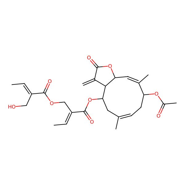 2D Structure of 2-[(9-Acetyloxy-6,10-dimethyl-3-methylidene-2-oxo-3a,4,5,8,9,11a-hexahydrocyclodeca[b]furan-4-yl)oxycarbonyl]but-2-enyl 2-(hydroxymethyl)but-2-enoate
