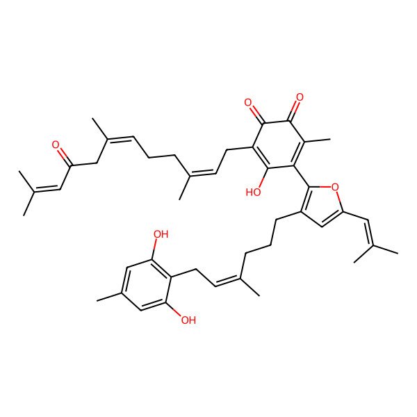 2D Structure of 4-[3-[6-(2,6-Dihydroxy-4-methylphenyl)-4-methylhex-4-enyl]-5-(2-methylprop-1-enyl)furan-2-yl]-5-hydroxy-3-methyl-6-(3,7,11-trimethyl-9-oxododeca-2,6,10-trienyl)cyclohexa-3,5-diene-1,2-dione