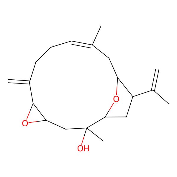 2D Structure of (1R,2S,4S,6S,10E,13S,14R)-2,11-dimethyl-7-methylidene-14-prop-1-en-2-yl-5,16-dioxatricyclo[11.2.1.04,6]hexadec-10-en-2-ol