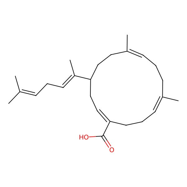 2D Structure of (1E,4S,7E,11E)-7,11-dimethyl-4-[(2E)-6-methylhepta-2,5-dien-2-yl]cyclotetradeca-1,7,11-triene-1-carboxylic acid