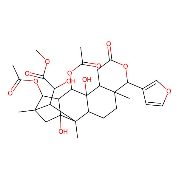 2D Structure of Methyl 2-[12,14-diacetyloxy-6-(furan-3-yl)-11,17-dihydroxy-1,5,15-trimethyl-8-oxo-7-oxapentacyclo[13.2.1.02,11.05,10.013,17]octadecan-18-yl]-2-hydroxyacetate