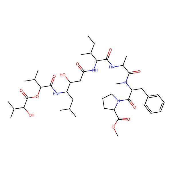 2D Structure of Methyl 1-[2-[2-[[2-[[3-hydroxy-4-[[2-(2-hydroxy-3-methylbutanoyl)oxy-3-methylbutanoyl]amino]-6-methylheptanoyl]amino]-3-methylpentanoyl]amino]propanoyl-methylamino]-3-phenylpropanoyl]pyrrolidine-2-carboxylate