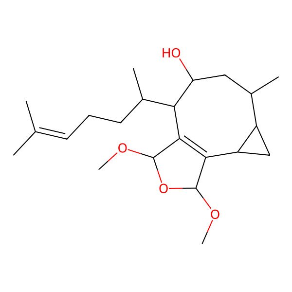 2D Structure of (2S,4S,5R,7R,8S,10S,12S)-10,12-dimethoxy-5-methyl-8-[(2R)-6-methylhept-5-en-2-yl]-11-oxatricyclo[7.3.0.02,4]dodec-1(9)-en-7-ol