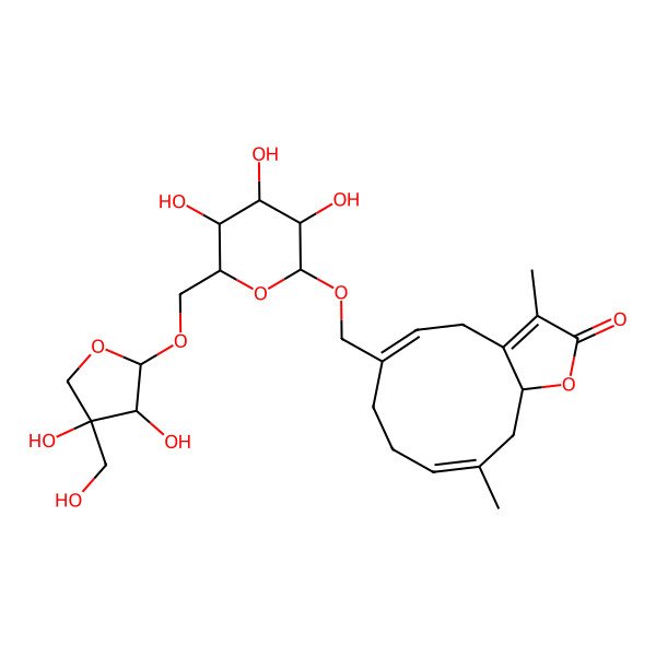 2D Structure of (9E,11aS)-6-[[(2R,3R,4S,5S,6R)-6-[[(2R,3R,4R)-3,4-dihydroxy-4-(hydroxymethyl)oxolan-2-yl]oxymethyl]-3,4,5-trihydroxyoxan-2-yl]oxymethyl]-3,10-dimethyl-7,8,11,11a-tetrahydro-4H-cyclodeca[b]furan-2-one