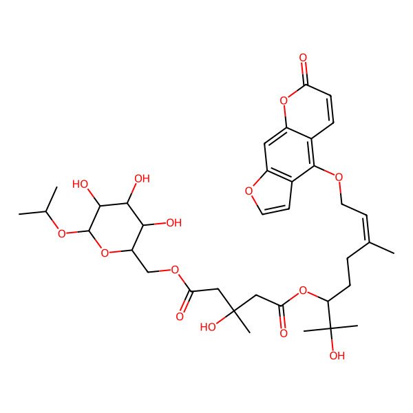 2D Structure of 1-O-[(3R)-2-hydroxy-2,6-dimethyl-8-(7-oxofuro[3,2-g]chromen-4-yl)oxyoct-6-en-3-yl] 5-O-[[(2R,3S,4S,5R,6R)-3,4,5-trihydroxy-6-propan-2-yloxyoxan-2-yl]methyl] 3-hydroxy-3-methylpentanedioate