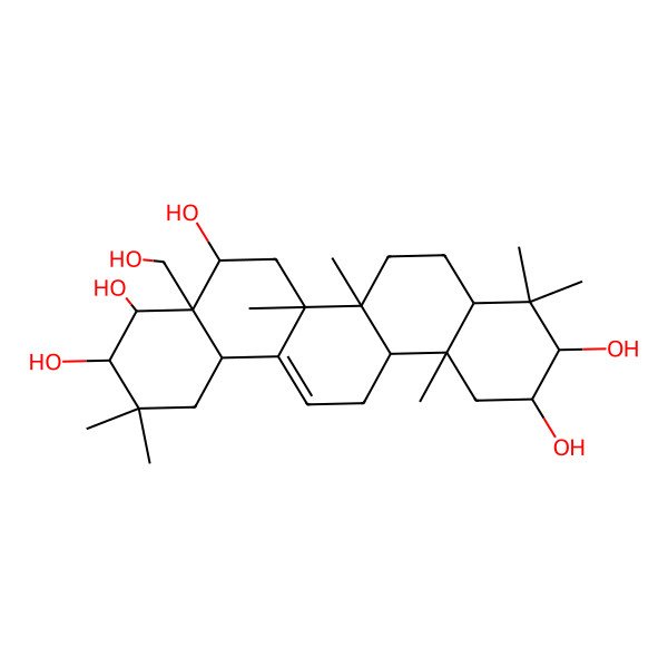 2D Structure of (2R,3R,4aR,6aR,6bS,8S,8aR,9R,10R,12aS,14aR,14bR)-8a-(hydroxymethyl)-4,4,6a,6b,11,11,14b-heptamethyl-1,2,3,4a,5,6,7,8,9,10,12,12a,14,14a-tetradecahydropicene-2,3,8,9,10-pentol