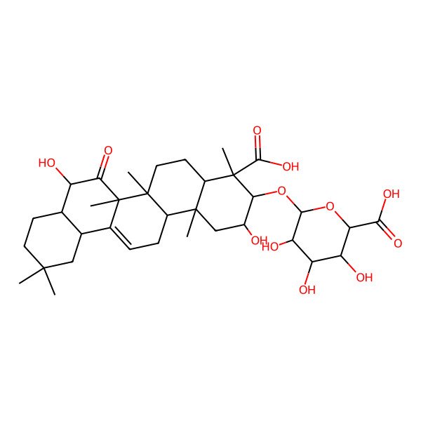 2D Structure of (2R,3S,4S,5S,6R)-6-[[(2S,3R,4S,4aS,6aR,6bS,8R,8aS,12aR,14aR,14bR)-4-carboxy-2,8-dihydroxy-4,6a,6b,11,11,14b-hexamethyl-7-oxo-1,2,3,4a,5,6,8,8a,9,10,12,12a,14,14a-tetradecahydropicen-3-yl]oxy]-3,4,5-trihydroxyoxane-2-carboxylic acid