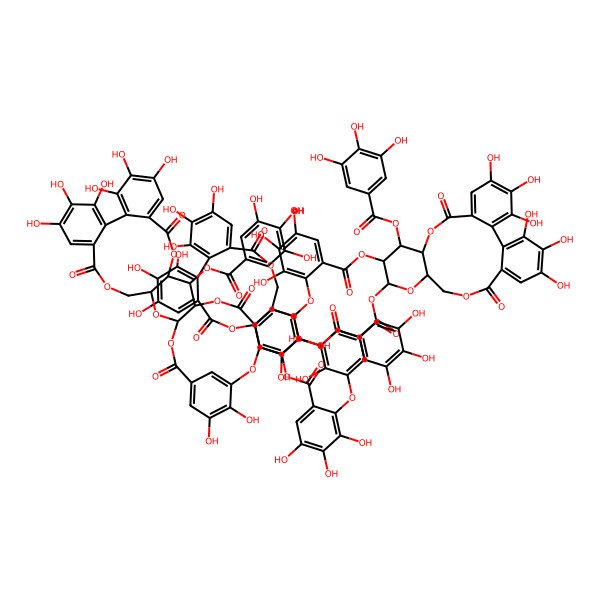 2D Structure of [(10S,12R,13S,15R)-3,4,5,21,22,23-hexahydroxy-8,18-dioxo-13-(3,4,5-trihydroxybenzoyl)oxy-9,14,17-trioxatetracyclo[17.4.0.02,7.010,15]tricosa-1(23),2,4,6,19,21-hexaen-12-yl] 2-[5-[[(10S,11S,12R,13R,15S)-12-[2-[[(11S,12S,13R,31R,33S)-4,5,18,19,20,23,24,25,38,39-decahydroxy-9,15,28,35-tetraoxo-12-(3,4,5-trihydroxybenzoyl)oxy-2,10,14,29,32,34-hexaoxaheptacyclo[34.3.1.03,8.011,33.013,31.016,21.022,27]tetraconta-1(40),3,5,7,16,18,20,22,24,26,36,38-dodecaen-6-yl]oxy]-3,4,5-trihydroxybenzoyl]oxy-3,4,5,21,22,23-hexahydroxy-8,18-dioxo-11-(3,4,5-trihydroxybenzoyl)oxy-9,14,17-trioxatetracyclo[17.4.0.02,7.010,15]tricosa-1(23),2,4,6,19,21-hexaen-13-yl]oxycarbonyl]-2,3-dihydroxyphenoxy]-3,4,5-trihydroxybenzoate