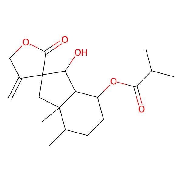 2D Structure of (3-hydroxy-7,7a-dimethyl-4'-methylidene-2'-oxospiro[3,3a,4,5,6,7-hexahydro-1H-indene-2,3'-oxolane]-4-yl) 2-methylpropanoate