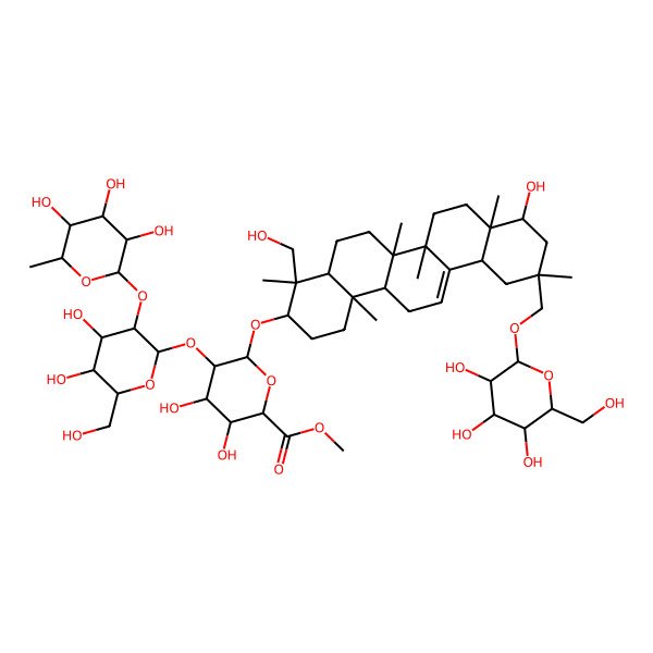 2D Structure of methyl (2S,3S,4S,5R,6R)-6-[[(3S,4S,4aR,6aR,6bS,8aR,9R,11R,12aS,14aR,14bR)-9-hydroxy-4-(hydroxymethyl)-4,6a,6b,8a,11,14b-hexamethyl-11-[[(2R,3R,4S,5S,6R)-3,4,5-trihydroxy-6-(hydroxymethyl)oxan-2-yl]oxymethyl]-1,2,3,4a,5,6,7,8,9,10,12,12a,14,14a-tetradecahydropicen-3-yl]oxy]-5-[(2S,3R,4S,5R,6R)-4,5-dihydroxy-6-(hydroxymethyl)-3-[(2S,3R,4R,5R,6S)-3,4,5-trihydroxy-6-methyloxan-2-yl]oxyoxan-2-yl]oxy-3,4-dihydroxyoxane-2-carboxylate