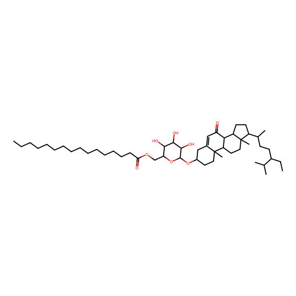 2D Structure of [6-[[17-(5-Ethyl-6-methylheptan-2-yl)-10,13-dimethyl-7-oxo-1,2,3,4,8,9,11,12,14,15,16,17-dodecahydrocyclopenta[a]phenanthren-3-yl]oxy]-3,4,5-trihydroxyoxan-2-yl]methyl hexadecanoate