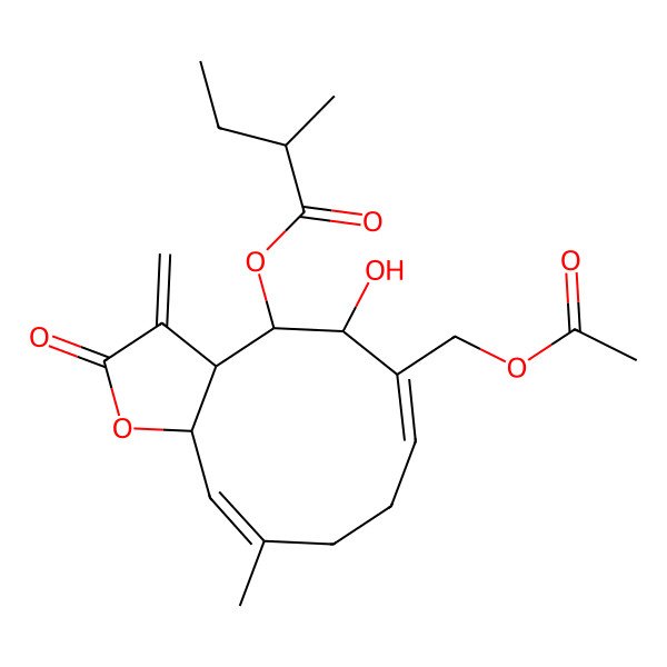 2D Structure of [(3aS,4S,5R,6E,10E,11aR)-6-(acetyloxymethyl)-5-hydroxy-10-methyl-3-methylidene-2-oxo-3a,4,5,8,9,11a-hexahydrocyclodeca[b]furan-4-yl] (2R)-2-methylbutanoate