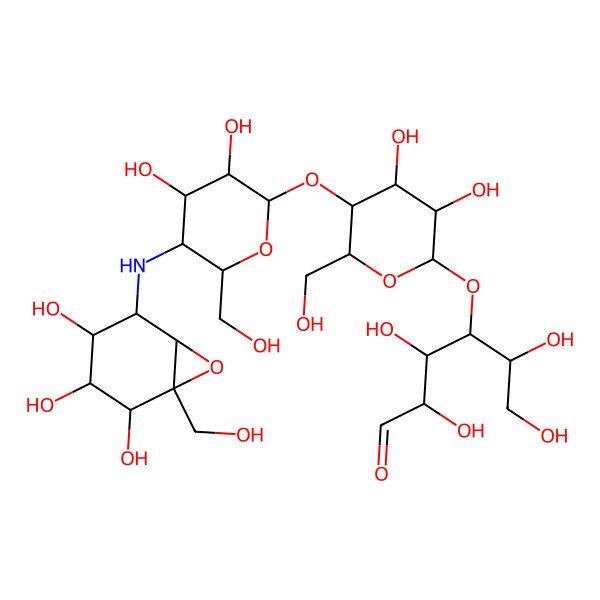 2D Structure of (2R,3S,4R,5R)-4-[(2R,3R,4S,5R,6R)-5-[(2R,3R,4S,5R,6S)-3,4-dihydroxy-6-(hydroxymethyl)-5-[[(1R,2R,3S,4R,5S,6S)-3,4,5-trihydroxy-6-(hydroxymethyl)-7-oxabicyclo[4.1.0]heptan-2-yl]amino]oxan-2-yl]oxy-3,4-dihydroxy-6-(hydroxymethyl)oxan-2-yl]oxy-2,3,5,6-tetrahydroxyhexanal