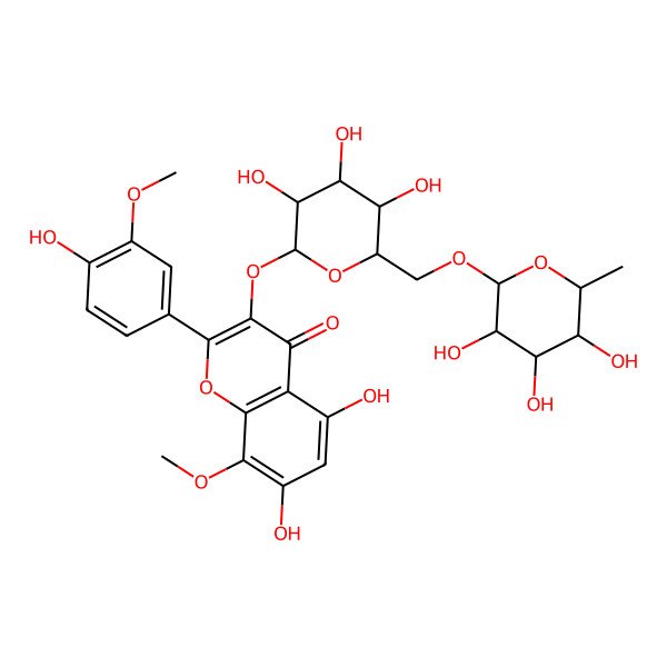 2D Structure of 5,7-dihydroxy-2-(4-hydroxy-3-methoxyphenyl)-8-methoxy-3-[(2R,3R,4S,5S,6R)-3,4,5-trihydroxy-6-[[(2S,3R,4R,5R,6S)-3,4,5-trihydroxy-6-methyloxan-2-yl]oxymethyl]oxan-2-yl]oxychromen-4-one