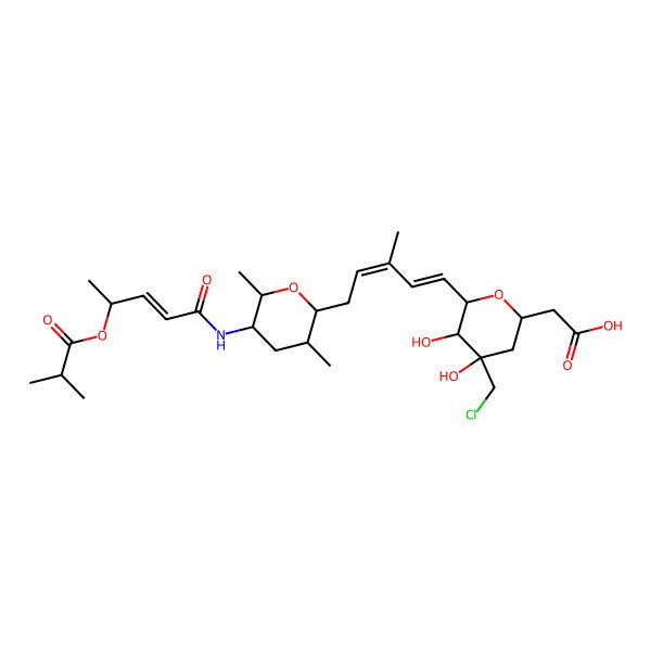 2D Structure of 2-[4-(Chloromethyl)-6-[5-[3,6-dimethyl-5-[4-(2-methylpropanoyloxy)pent-2-enoylamino]oxan-2-yl]-3-methylpenta-1,3-dienyl]-4,5-dihydroxyoxan-2-yl]acetic acid
