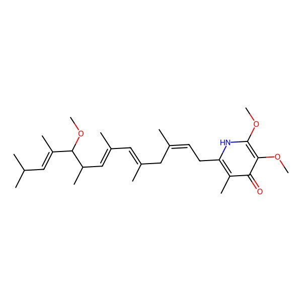2D Structure of 2,3-dimethoxy-6-(10-methoxy-3,5,7,9,11,13-hexamethyltetradeca-2,5,7,11-tetraenyl)-5-methyl-1H-pyridin-4-one