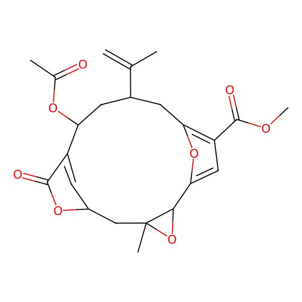 2D Structure of methyl (2S,4S,6R,10S,12S)-10-acetyloxy-4-methyl-8-oxo-12-prop-1-en-2-yl-3,7,17-trioxatetracyclo[12.2.1.16,9.02,4]octadeca-1(16),9(18),14-triene-15-carboxylate