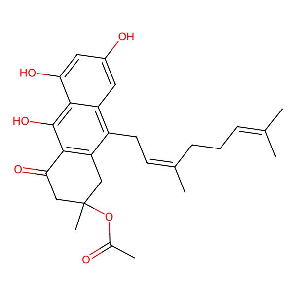 2D Structure of [(2S)-9-[(2E)-3,7-dimethylocta-2,6-dienyl]-5,7,10-trihydroxy-2-methyl-4-oxo-1,3-dihydroanthracen-2-yl] acetate