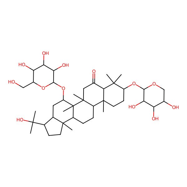 2D Structure of 3-(2-hydroxypropan-2-yl)-5a,5b,8,8,11a,13b-hexamethyl-5-[3,4,5-trihydroxy-6-(hydroxymethyl)oxan-2-yl]oxy-9-(3,4,5-trihydroxyoxan-2-yl)oxy-2,3,3a,4,5,6,7a,9,10,11,11b,12,13,13a-tetradecahydro-1H-cyclopenta[a]chrysen-7-one