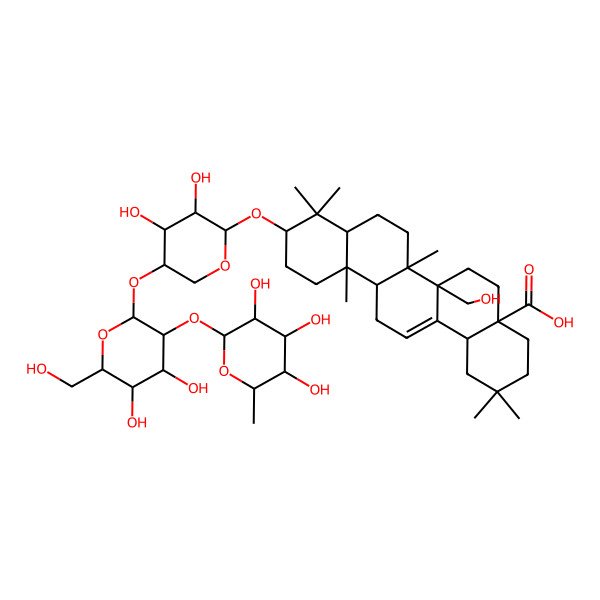 2D Structure of (4aS,6aR,6aR,6bR,8aR,10S,12aR,14bS)-10-[(2S,3R,4R,5S)-5-[(2S,3R,4S,5S,6R)-4,5-dihydroxy-6-(hydroxymethyl)-3-[(2S,3R,4R,5R,6S)-3,4,5-trihydroxy-6-methyloxan-2-yl]oxyoxan-2-yl]oxy-3,4-dihydroxyoxan-2-yl]oxy-6a-(hydroxymethyl)-2,2,6b,9,9,12a-hexamethyl-1,3,4,5,6,6a,7,8,8a,10,11,12,13,14b-tetradecahydropicene-4a-carboxylic acid